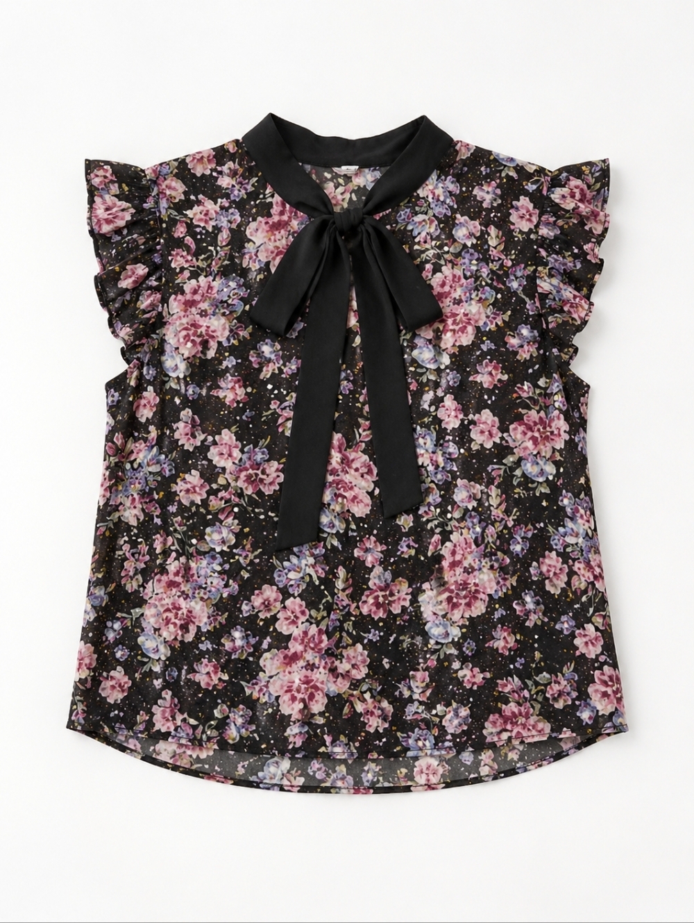 SHEIN Floral Tie Neck Blouse Size 12 Chiffon Ruffle Sleeves Pink Black